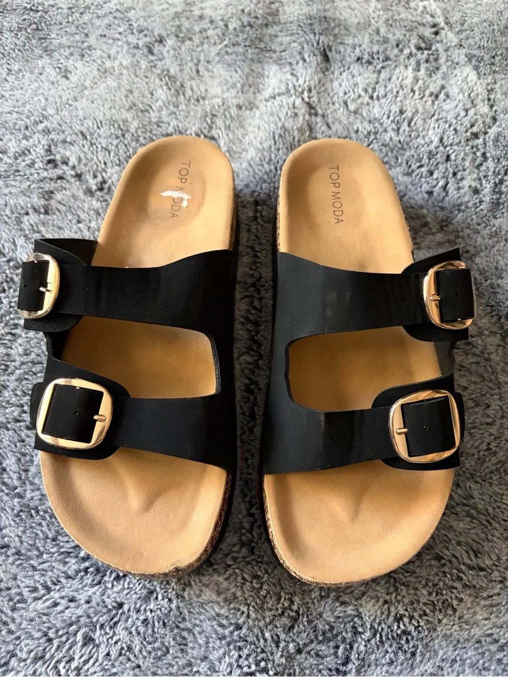 TOP Moda Black Slide Sandals with Gold Buckles